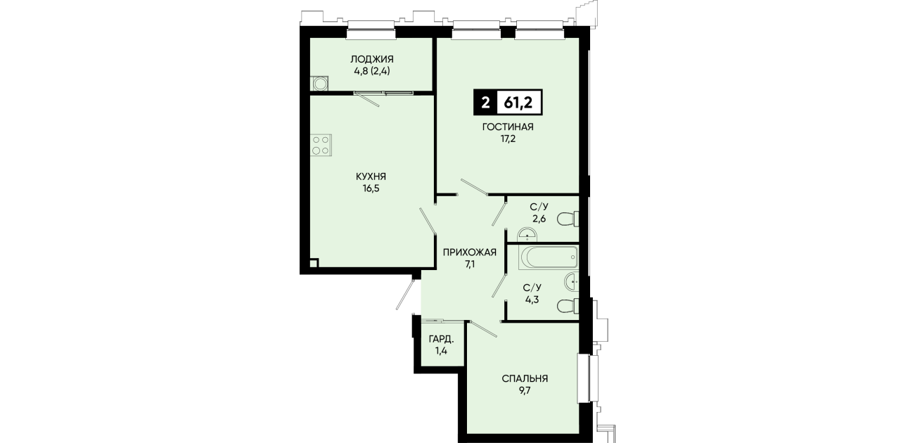 Планировка квартиры № 1, 2 комнаты, 61,2 м²