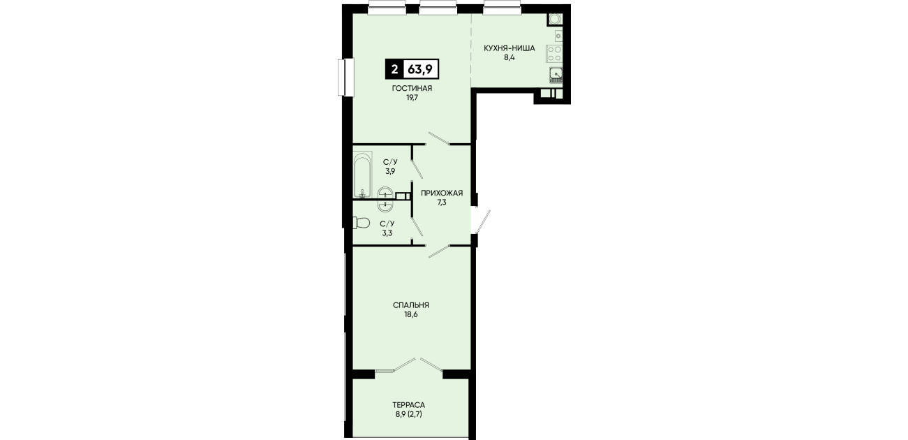 Планировка квартиры № 245, 2 комнаты, 63,7 м²