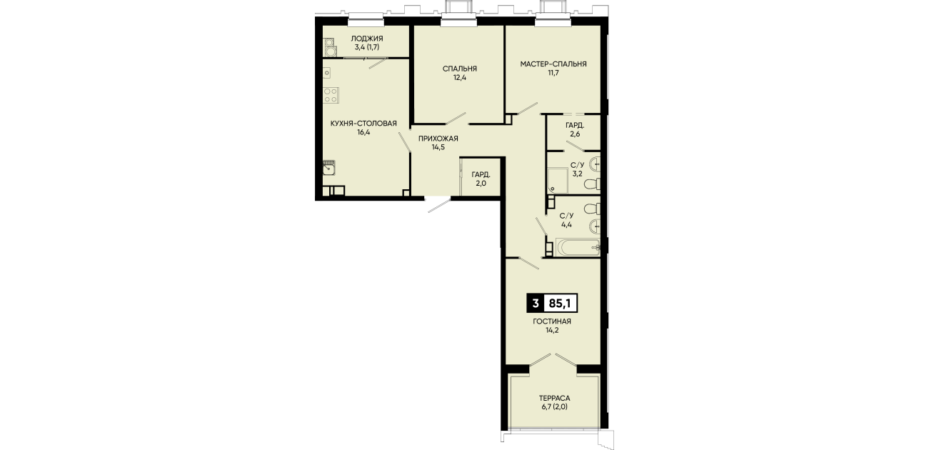 Планировка квартиры № 246, 3 комнаты, 85,1 м²