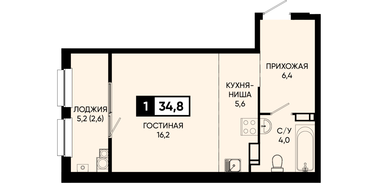 Планировка квартиры № 393, 1 комнаты, 34,8 м²