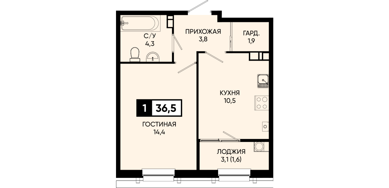 Планировка квартиры № 8, 1 комнаты, 36,5 м²