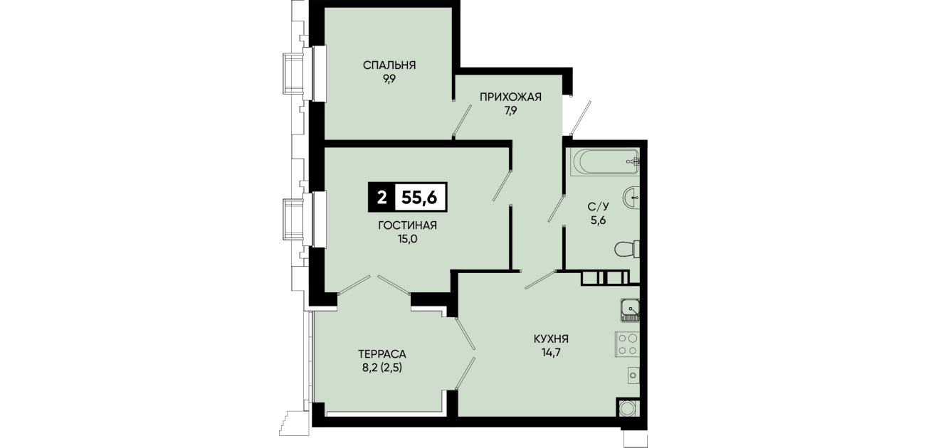 Планировка квартиры № 9, 2 комнаты, 55,6 м²