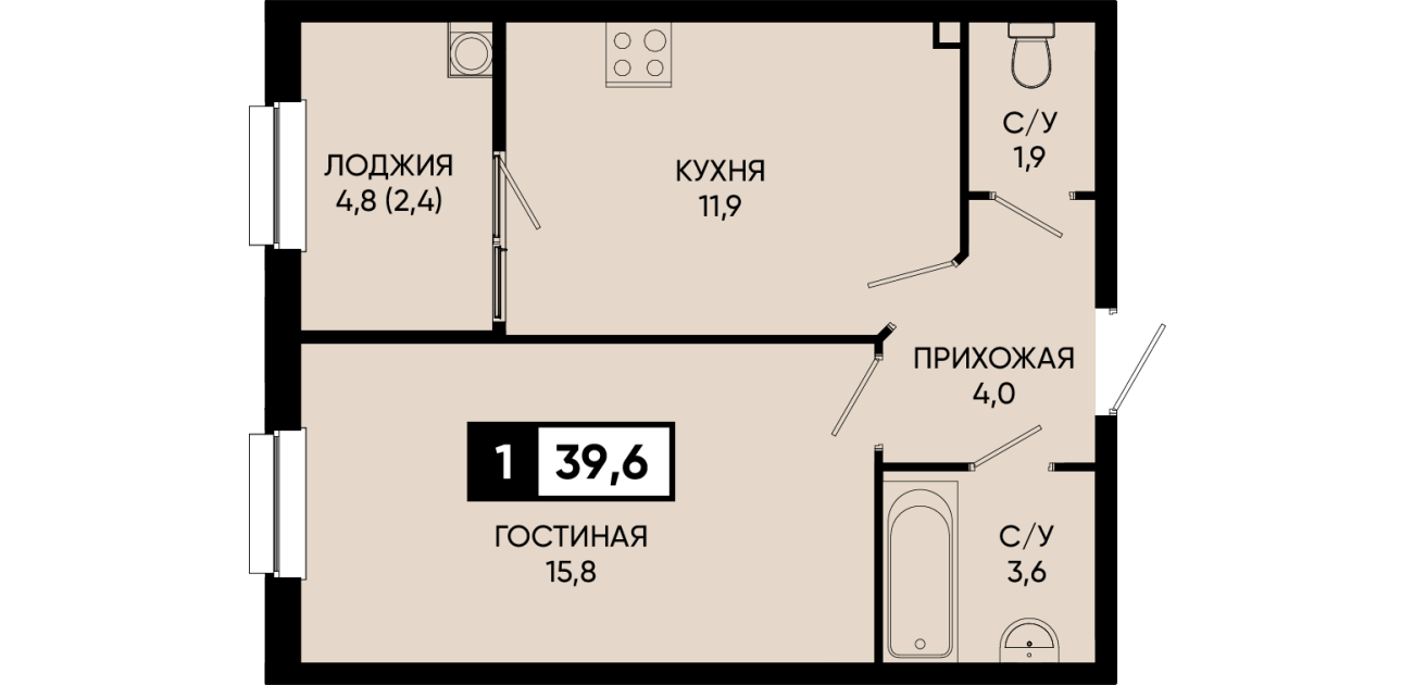 Планировка квартиры № 93, 1 комнаты, 39,6 м²